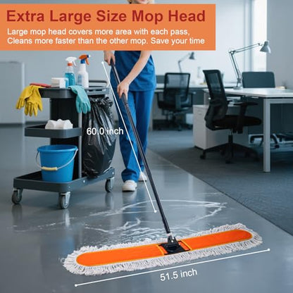 48" Commercial Dust Mops for Floor Cleaning, Heavy Duty Floor Duster with 60" Long Handle, Industrial Wet Dry Sweeper Mop with 2 Reusable Mop Pads for Janitor Indoor Warehouse Gym Hotel Clean - size: 48 inch