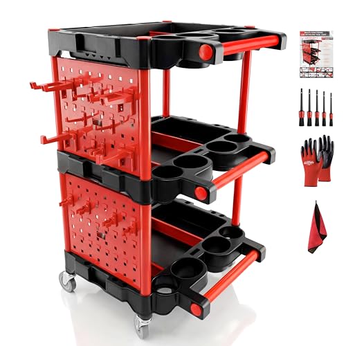 Auto Detailing Cart with Wheels, 3 Tier Rolling Detail Cart with Long Hanging Plate & Hooks & Brush & Towel and Gloves, for Detailers Garage, Workshop, Repair Shop, Storage Tool - color: Top