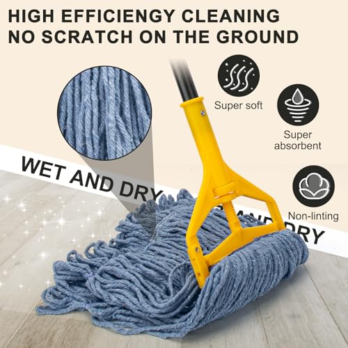 Commercial Industrial Mop with 3 Extra Large Reusable Replacement Head,59" Long Handle Heavy Duty Wet Mops,Looped-End String Cotton Mop for Floor Cleaning,House,Kitchen,Office,Garage,Tile(Yellow) - size: Yellow Handle + 3 Mop Head