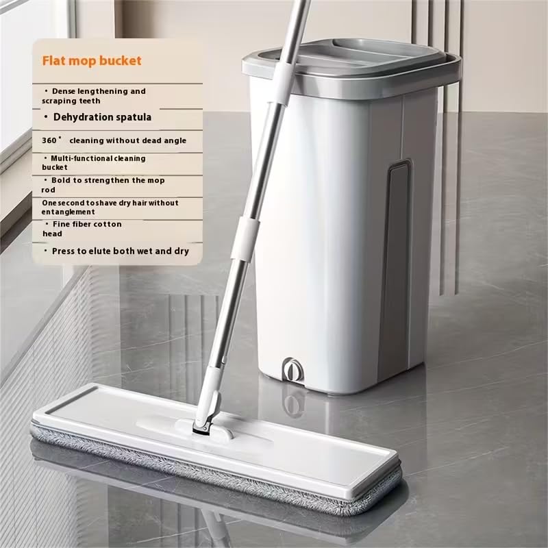 Mop and Bucket Set with AUTO Pump, 3-Zone Separate Dirty and Clean Water, Flat Mop and Bucket System with Wringer and Wheels, 2 Reusable Microfiber Pads, One-Touch Water Filling for Home Cleaning