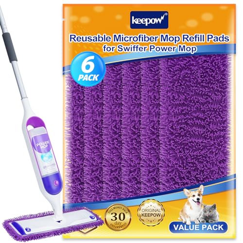 KEEPOW 6 Pack Reusable Mop Pads Compatible with Swiffer PowerMop, Wood Floor Pads Microfiber Mop Replacement Refills Machine Washable for All Floor Surfaces - color: Purple-6 Pack