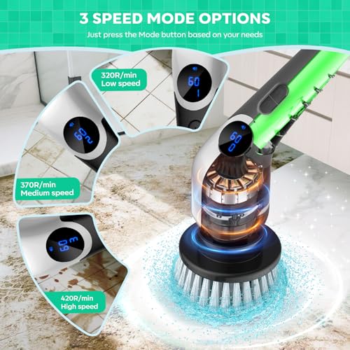 YKYI Cordless Electric Spin Scrubber, Power Cleaning Brush with 8 Replaceable Heads & Extension Handle for Bathroom, Tub, Tile, Floor, Car