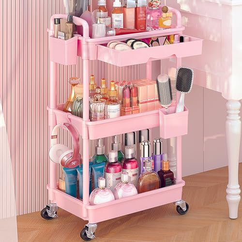 Goovilla Rolling Makeup Organizer Cart with Removable Drawer, 3 Tier Stable Pink Floor Skincare Storage Cart for Vanity, Cosmetic Display, Nail Polish, Perfume, Hair Stuff, Beauty, Bathroom(Plastic) - color: Pink, size: 3 Tier