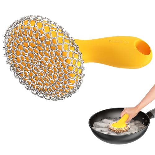 SUBEKYU Cast Iron Scrubber with Silicone Handle, Stainless Steel Skillet Cleaner for Cast Iron Pans (Yellow) - color: Yellow
