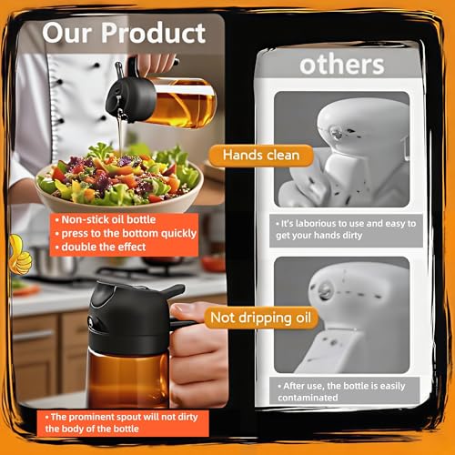 Oil Sprayer for Cooking 2 in 1, Olive Oil Dispenser for Kitchen Gadgets, 16oz/470ml Premium Light-Blocking Oil Bottle, Food-Grade Spray Bottle, for Salad, Air Fryer, BBQ (Brown) - color: Brown Glass/Black Cap
