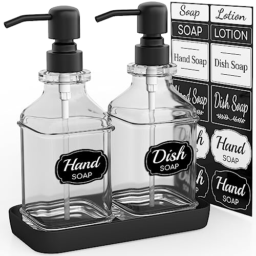 LMQML Soap Dispenser - 2 Pack, Antique Design Thick Glass Hand Soap Dispensers with Sturdy Tray; 304 Rust Proof Stainless Steel Black Pump, 12Pcs Stickers, for Kitchen, Bathroom - color: Black
