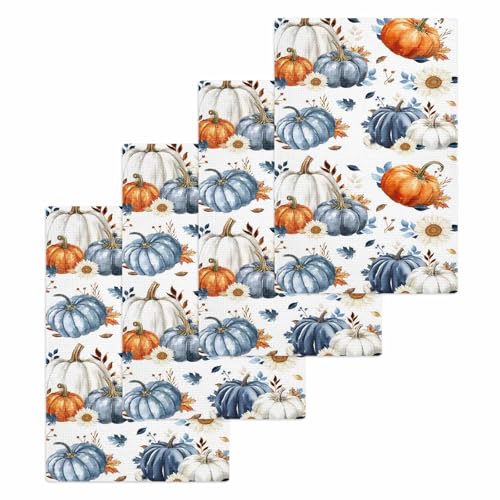 Fall Thanksgiving Pumpkin Hand Towels Set,Waffle Weave Kitchen Towels 4 Pieces,Watercolor Blue Orange Eucalyptus Microfiber Hair Bath Tea Towel Absorbent Quick Drying Cleaning Dish Cloths,15.7"x23.6" - color: Blue, size: 4PCS,15.7"x23.6"