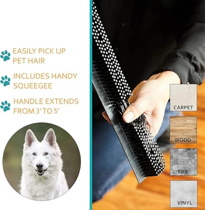 Original Pet Hair Rubber Broom with Squeegee, with 58" Telescopic Handle for Carpet, Tile and Hardwood