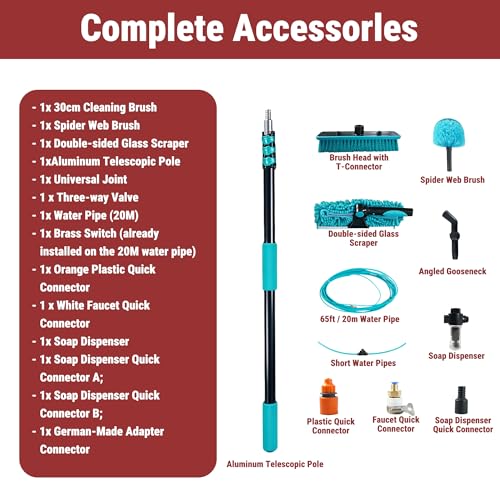 HOLDWELL 26FT Telescopic Water Fed Pole Kit, 180° Rotatable Window Cleaning Brush with Dual Water Jets & Soap Dispenser, 65.6FT Professional Grade Hose - size: 27FT