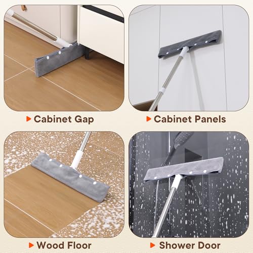 Floor Squeegee with Long Handle, 180° Rotating Silicone Broom for Concrete & Tile Floors, Squeegee for Water Removal on Garage, Bathroom and Deck, Adjustable 35–62 in Handle, 2 Pads - size: 16in | 4-Section Pole (62in) | 2 Pads
