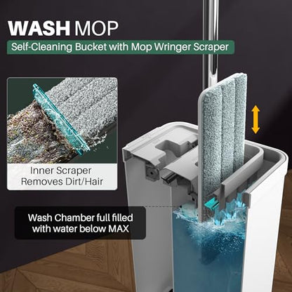 JOYMOOP Mop and Bucket Set, Commercial & Household Use, Flat Mops for Floor Cleaning, Wall Mop Cleaner with Long Handle, Hardwood Floor Mop with 6 Microfiber Pads - color: White Standard2461