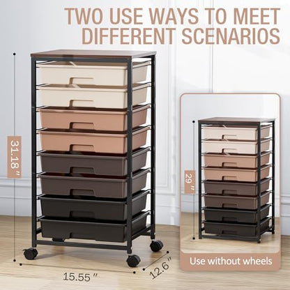 TOOLF Rolling Carts with Wheels, 8-Drawer Utility Cart, Wooden Tabletop Storage Cart for Office, Arts & Crafts, Classroom, Bedroom, Brown - color: Brown