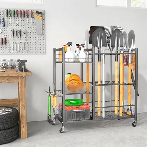 Ultrawall Garden Tool Organizer with Lockable Wheels, Yard Tool Storage Rack for Garage, Garden Tool Stand for Rake, Brooms, Indoor & Outdoor Use - size: Large