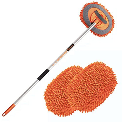 62" Car Wash Brush Mop Kit with Long Handle, 2 in 1 Chenille Microfiber Sponge Mitt Cleaning Detailing Duster for Washing Cars Truck SUV RV Caravans and Household(2 x Mop Head) (Orange) - color: Orange
