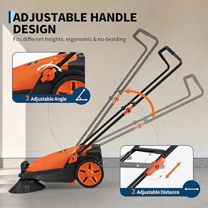 GarveeTech 25.6 in Walk-Behind Hand Push Floor Sweeper, 5 Gallon Capacity, Manual Outdoor Push Sweeper with Adjustable Folding Handle for Warehouses, Workshop, Garages