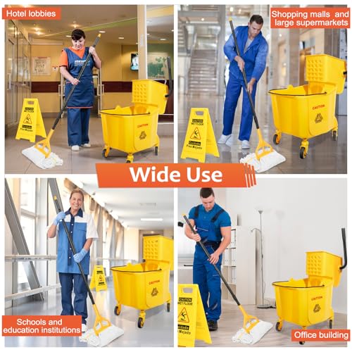 35 Qt Commercial Mop Bucket with Side Press Wringer on Wheels Set | Including 35 Quart Industrial Mop Bucket |1 Commercial Mop |1 Wet Floor Caution Sign | Yellow