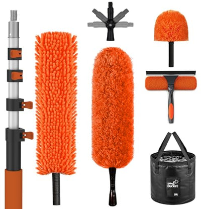 SISUPASSIE 36FT Reach High Ceiling Duster Kit, Window Cleaning kit with 7-30FT Extension Pole, Fan Duster for Ceiling Fan Blades, Microfiber Feather Duster, Window Squeegee, Bucket and Cobweb Duster - size: 30FT