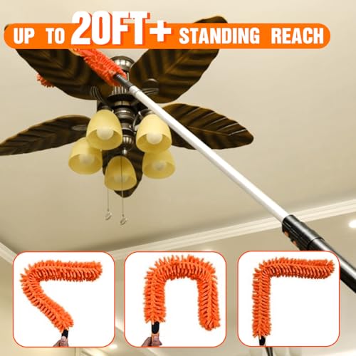 LAANPOLE 26FT Reach Ceiling Fan Cleaner Duster, Fan Blade Cleaner Kit with 5-20FT Extension Pole, Microfiber Duster & Replaceable Cleaning Cloth for Blades, Ceiling, Furniture - size: 20FT