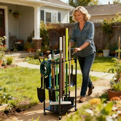 Faesun Garden Tool Organizer with Wheels, Heavy Duty Rolling Yard Tool Rack with 14 Hooks & 5 Slots, 3-Tier Metal Cart Holds 50+ Rakes/Shovels/Brooms, Mobile Lawn Storage for Garage Shed Outdoor - size: Stand-Wheels