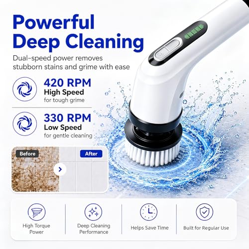 Highyes Electric Spin Scrubber for Bathroom | IPX7 Waterproof Shower Scrubber with Extendable Long Handle，Bathroom Cleaning Scrubber with 7 Reusable Brush Heads