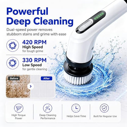 Highyes Electric Spin Scrubber for Bathroom | IPX7 Waterproof Shower Scrubber with Extendable Long Handle，Bathroom Cleaning Scrubber with 7 Reusable Brush Heads