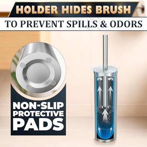 Stylish Stainless Steel Toilet Brush and Holder Set - Silver Toilet Bowl Brush and Holder with Splash Cover, Sturdy Bristles, Corrosion & Scratch Resistant - Elegant Design, Effective Deep Cleaning - color: Silver