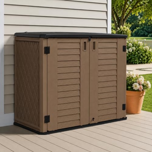 ADDOK 26 Cu.Ft Outdoor Storage Shed with Floor,Large Waterproof Resin Storage Cabinet with Lift-Up Lid,Double Doors and Lockable Design for Lawn Mower,Garden Tools, Patio,Backyard and Pool Supplies - size: 26 Cu.Ft-Brown