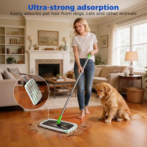 Masthome 16" Extra Large Microfiber Flat Mop for Floor Cleaning, 360° Rotating Dust Mop with 5 Washable Pads & 1 Cleaning Scraper, Wet Dry Mop for Hardwood Laminate Tile Ceramic - color: Green Extra Large