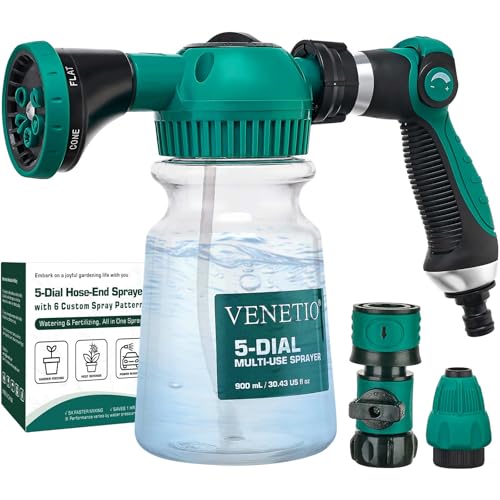 VENETIO 5-Dial Hose Attachment Spray Gun Pro with 6 Watering Patterns Nozzle and 30oz Refillable Bottle, Versatile Hose-End Garden Sprayer for Liquid Fertilizer, Weed Killer, Soap & Outdoor Cleaning - style: Sprayer Pro (30 oz)