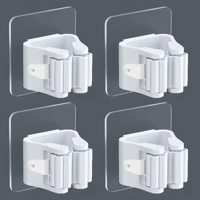 4 Pack No-Drill Adhesive Wall-Mounted Mop & Broom Holder, Space-Saving Bathroom Organizer with Strong Adhesive Clips, Plastic Storage Rack for Toilet Brush, Mop, Broom, White