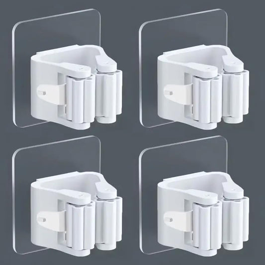 4 Pack No-Drill Adhesive Wall-Mounted Mop & Broom Holder, Space-Saving Bathroom Organizer with Strong Adhesive Clips, Plastic Storage Rack for Toilet Brush, Mop, Broom, White