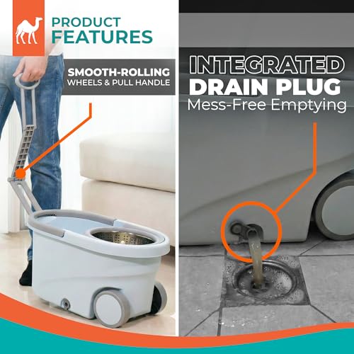 Grazie Spin Mop & Bucket Set - 360° Self-Wringing System with Wheels, Stainless Steel Handle - Hands-Free Floor Cleaning for Hardwood, Tile, Laminate - Includes 4 Washable Microfiber Mop Head Refills - size: Light Blue Mop Bucket + 4 Mop Heads