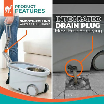 Grazie Spin Mop & Bucket Set - 360° Self-Wringing System with Wheels, Stainless Steel Handle - Hands-Free Floor Cleaning for Hardwood, Tile, Laminate - Includes 6 Washable Microfiber Mop Head Refills - size: Light Blue Mop Bucket + 6 Mop Heads