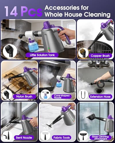 Handheld Steam Cleaner for Home, Pressurized Multi Purpose Steamer for Cleaning Upholstery Bed Furniture Couch Carpet Car with 14 Accessories & Safety Lock, Small Container for Grease
