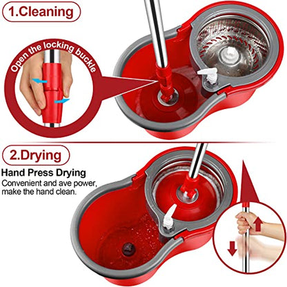 Spin Mop and Bucket with Wringer Set, 360° Spinning Mop Bucket System with 3 Microfiber Mop Replacement Heads and 61" Stainless Steel Adjustable Handle for Floor Cleaning (20QT) - color: Red
