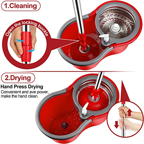 Spin Mop and Bucket with Wringer Set, 360° Spinning Mop Bucket System with 3 Microfiber Mop Replacement Heads and 61" Stainless Steel Adjustable Handle for Floor Cleaning (20QT) - color: Red