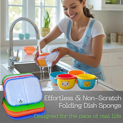 Foldable Dish Sponge – Thin Dual-Sided with Mesh Scrubber and Rayon derived from Bamboo Reusable Non-Scratch Kitchen Sponge for Multi-Surface Cleaning, 6 Pack