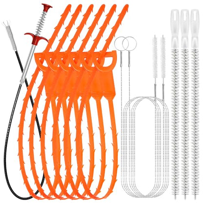 Drain Snake 12 Set: 25inch Snake Drain Hair Removal Tool(1PCS), 59inch Cleaning Brush(2PCs), 25inch Drain Clog Remover(6PCS), 18inch Sink Drain Brush(3PCS) For Bath Tub, Toilet, Kitchen Sink, Sewer