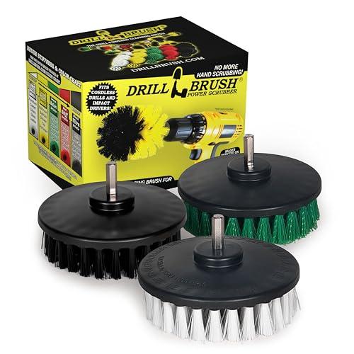 Drillbrush 3 Brush Kit - Drill Brush Cleaning Supplies - White Soft for Leather, Glass, Carpet - Green Medium for Kitchen, Bathroom, Tub, Sinks, Flooring - Black Ultra Stiff for Garage Floors, Stone