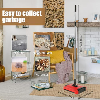 Carpet Floor Sweeper with Horsehair, Manual Cleaner, Non-Electric Broom Efficient Hand Push Rug Roller Brush