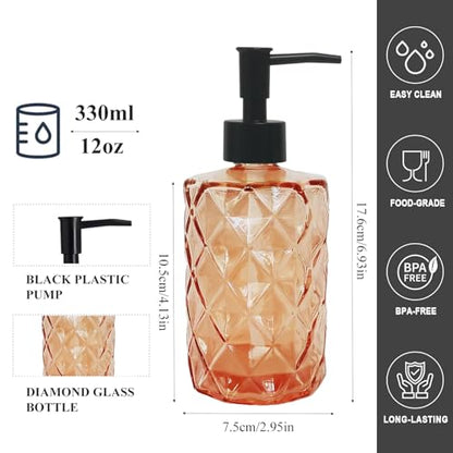 12Oz Small Glass Soap Dispenser with Black Plastic Pump, Amber Refillable Kitchen Countertop Liquid Hand Soap Dispensers with Diamond Design, Crystal Bathroom Lotion Bottle for Dispense Dish Soap - color: Amber Diamond