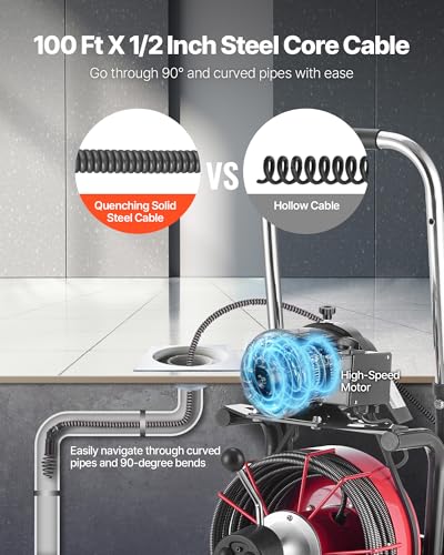 VEVOR Drain Cleaner Machine 100 FT x 1/2 Inch, Auto Feed Sewer Snake Auger on Wheels - with 8 Cutters & Air-Activated Foot Switch for 2" to 6" Pipes - style: 100 FT x 1/2''