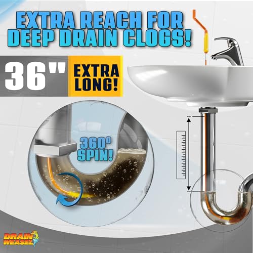 FlexiSnake Drain Weasel PowerSnake Drain Hair Clog Remover Tool – Plumbing Snake Auger for Cleaning Shower, Tub, Bathroom with Drill Connector, Rotating Handle and 3 Wands, 36 Inches Long Made in USA