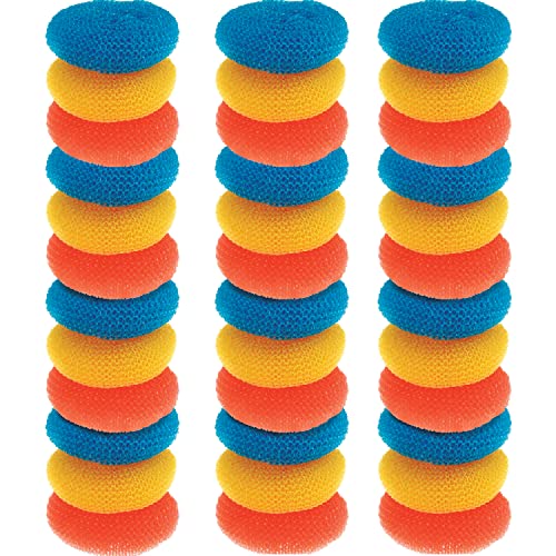 Plastic Mesh Scouring Pads 36 Pk Non-Scratch Dish Scrubbers to Clean Dishes, Assorted Colors - Red, Blue & Yellow - size: 36 Pack, style: Standard in Netted Bag