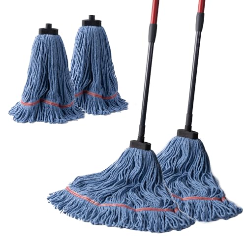 Matthew Large Commercial&Residential Mop Heavy Duty Industrial Mops w/Screw-on handle(Fit Standard American Screw)Looped-End String Wet Cotton Mops for Home,Office,Warehouse - 2 Set&2 Mop Replacements - color: Medium Mop Stick(screw-on), size: 2 Looped En