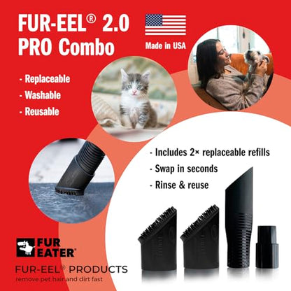 FUR-EEL PRO 2.0 Pet Hair Remover Kit, Handle + 2 Replaceable Rubber Brush Heads for Dog & Cat Hair, Fits 32, 35 & 38 mm Round Hoses, for Car Seats, Mats, Carpet & Upholstery - color: Refill x6, Fang, Adapter
