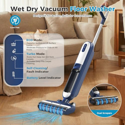 OLIXIS Wet Dry Vacuum Cleaner, Cordless All-in-One Vac Mops, Vacuum Mop with Self-Cleaning System, Dual Water Tank Design, Tangle-Free Brush, Dual-Edge Cleaning, 35-Min Runtime - color: Blue
