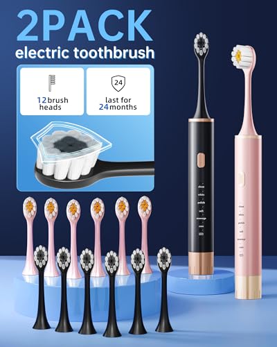 Aneebart Black & Pink Electric Toothbrush for Adults, 2 Pack Toothbrush，USB Rechargeable Sonic Toothbrush with 12 Brush Heads, Smart Timer, 6 Modes, 2-Hour Fast Charge Last 30 Days - color: Black+pink