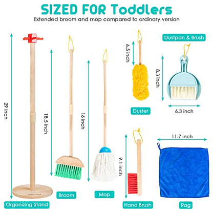 Kids Cleaning Set, 8 Pcs Wooden Housekeeping Play Set Includes Broom Mop Duster Dustpan Brushes Rag and Organizing Stand, Cleaning Toys Gift for Toddlers Girls Boys Age 3-6, Solid Beech Wood