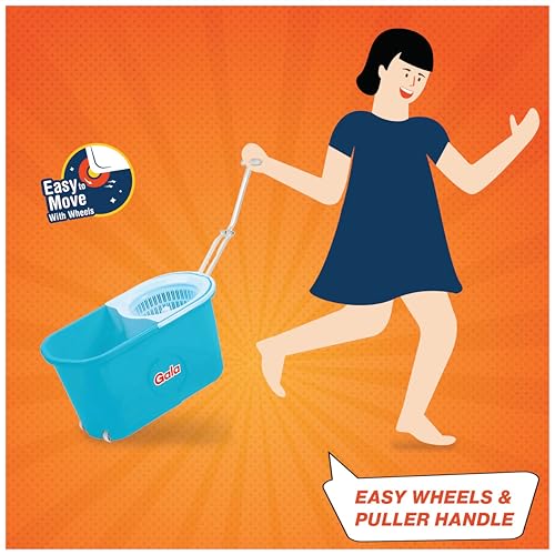 Gala e-Quick Spin Floor Cleaning Mop Set with 2 Microfiber Refills, Easy Wheels, Big Bucket & Wringer for Home, Household Cleaner Accessories (White & Blue)